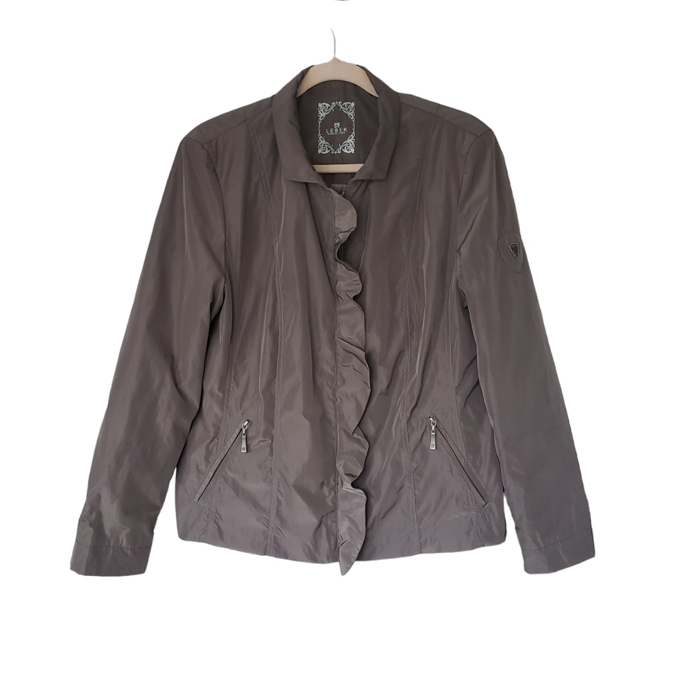 Barbara Lebek Ruffle Front Neutral Taupe Lightweight Spring Jacket AS IS - Picture 2 of 12